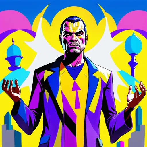 Prompt: GTA V cover art, A male human figure who personifying the Magus of Power, in  yellow, purple, gray and indigo rayed violet, breaking the law, cartoon illustration