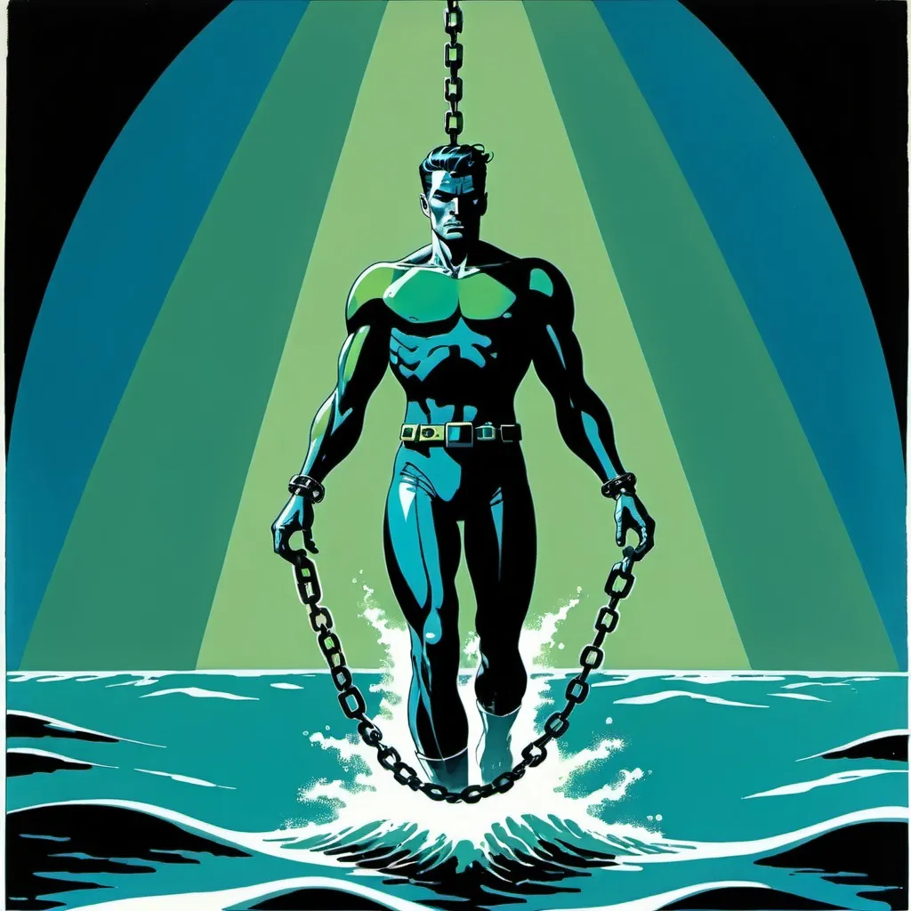 Prompt: Silk screen comic book illustration, a futuristic man dressed in deep blue and sea green is haging on a chain and suspended over the waters, detailed,1960s retro futurism