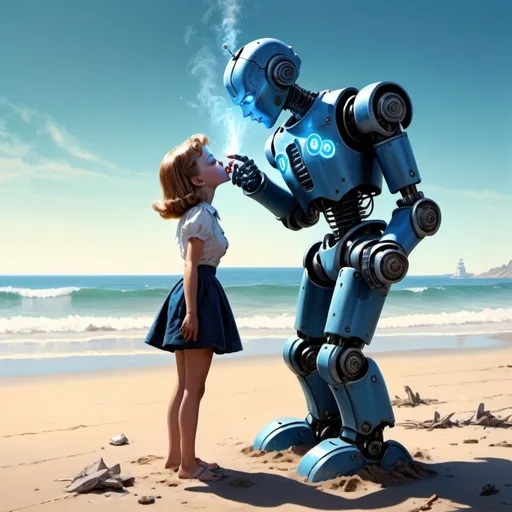 Prompt: A robotic girl is kissing a boy on the beach, relentless,blue energy aura,ocean gateways, supernatural,highly detailed, 4k resolution, masterpiece,wasteland scenario,digital art, pulp illustration art, 1950s