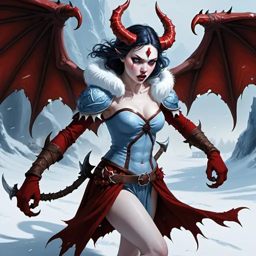 Prompt: A winter demon is fighting, battles in the north,icy creature, warrior, command with power, snow white, dark red and pale blue ,female, sweet, three quarter wiew, digital art