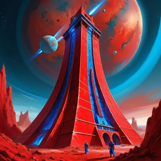 Prompt: The Tower, dressed in scarlet, red, venetian red and bright red rayed azure, exciting intelligence, the Lord of the Hosts of the Mighty, Mars, Caza art, digital art