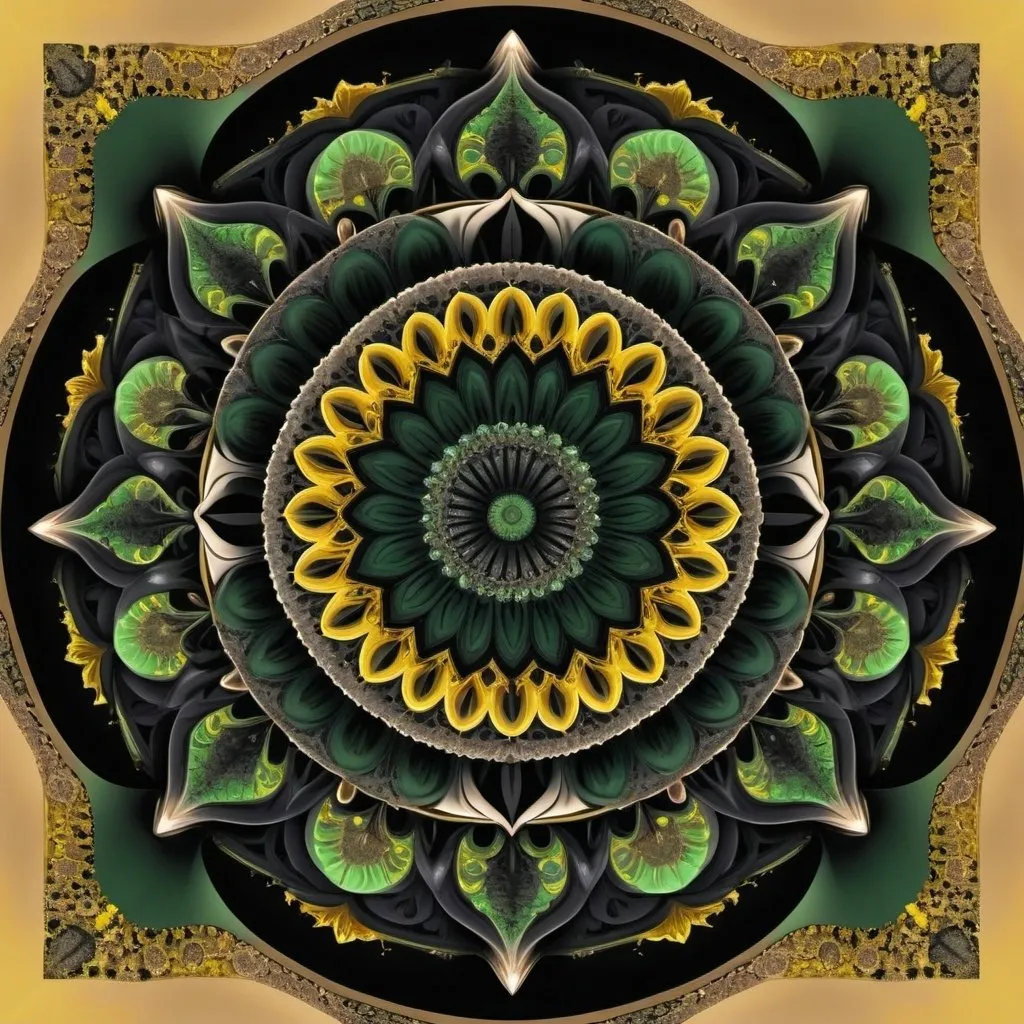 Prompt: 17+√(777×tan(17+17), mandala, centered,dark green,yellow greenish and coal black, organic matter, cellular colony, fractal,hyperdetailed, masterpiece, 3d modelling, deep,abstract art, digital art, Caravaggio art