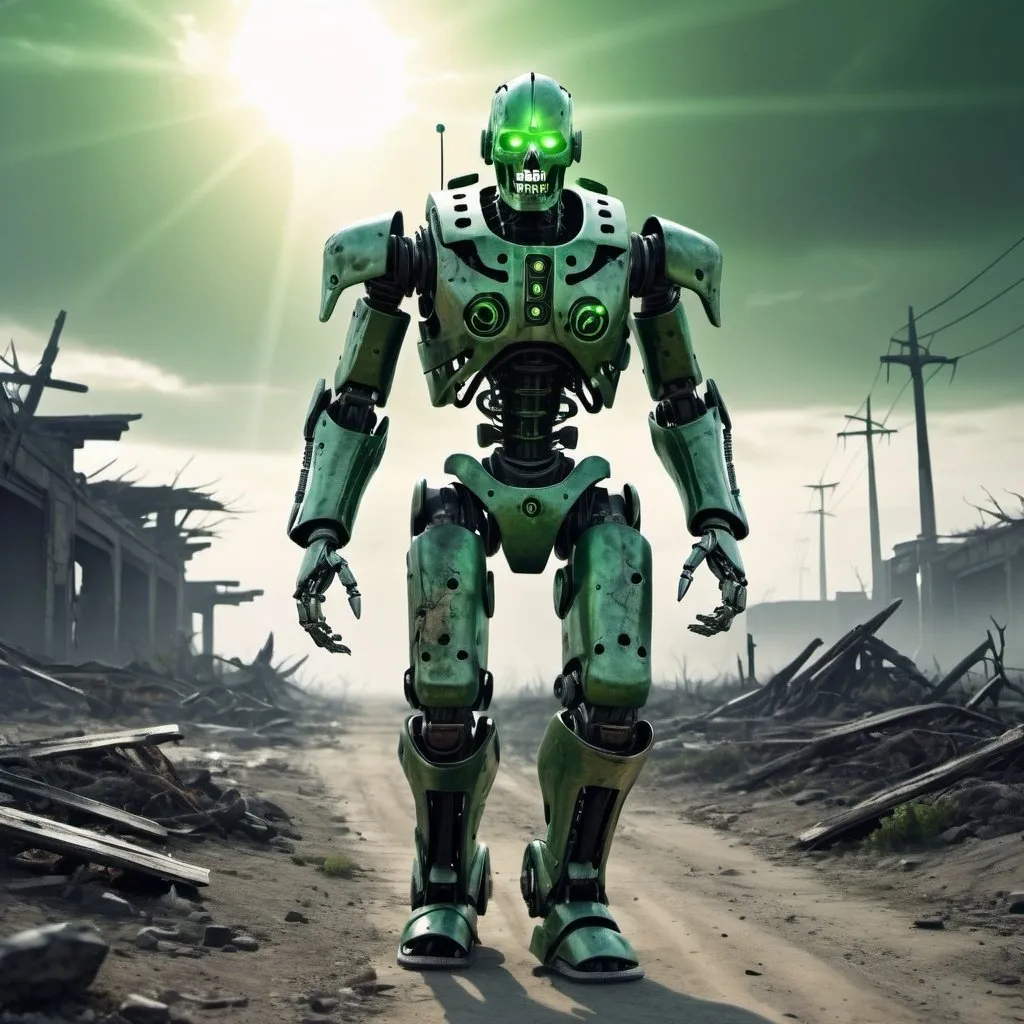 Prompt: A robotic undead warrior is walking ahead, relentless,green energy aura,the end complete, supernatural,highly detailed, 4k resolution, masterpiece,wasteland scenario,digital art

