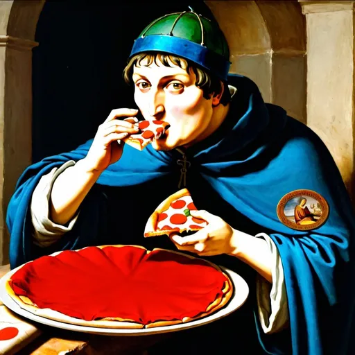 Prompt: Francesco Petrarca is eating a pizza