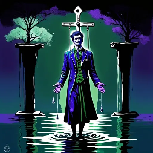 Prompt:  The Hanged Man, dressed in deep blue,sea green, deep olive green and white flecked purple, stable intelligence , the Spirit of the Mighty Waters, water, Caza art, digital art