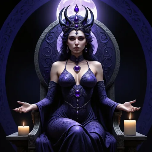 Prompt: A beautiful woman, enthroned darkness triumphant,high resolution, highly detailed,Hecate, the Night,indigo, purple and black ,female, sweet, three quarter wiew,entire figure from head to toe,digital art