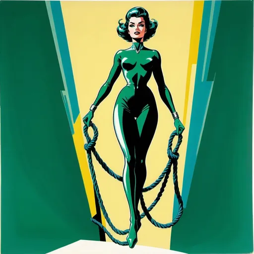 Prompt: Silk screen comic book illustration,a futuristic woman dressed in emerald green and blue is walking on an endless thin rope and balancing herself, detailed, 1960s retro futurism