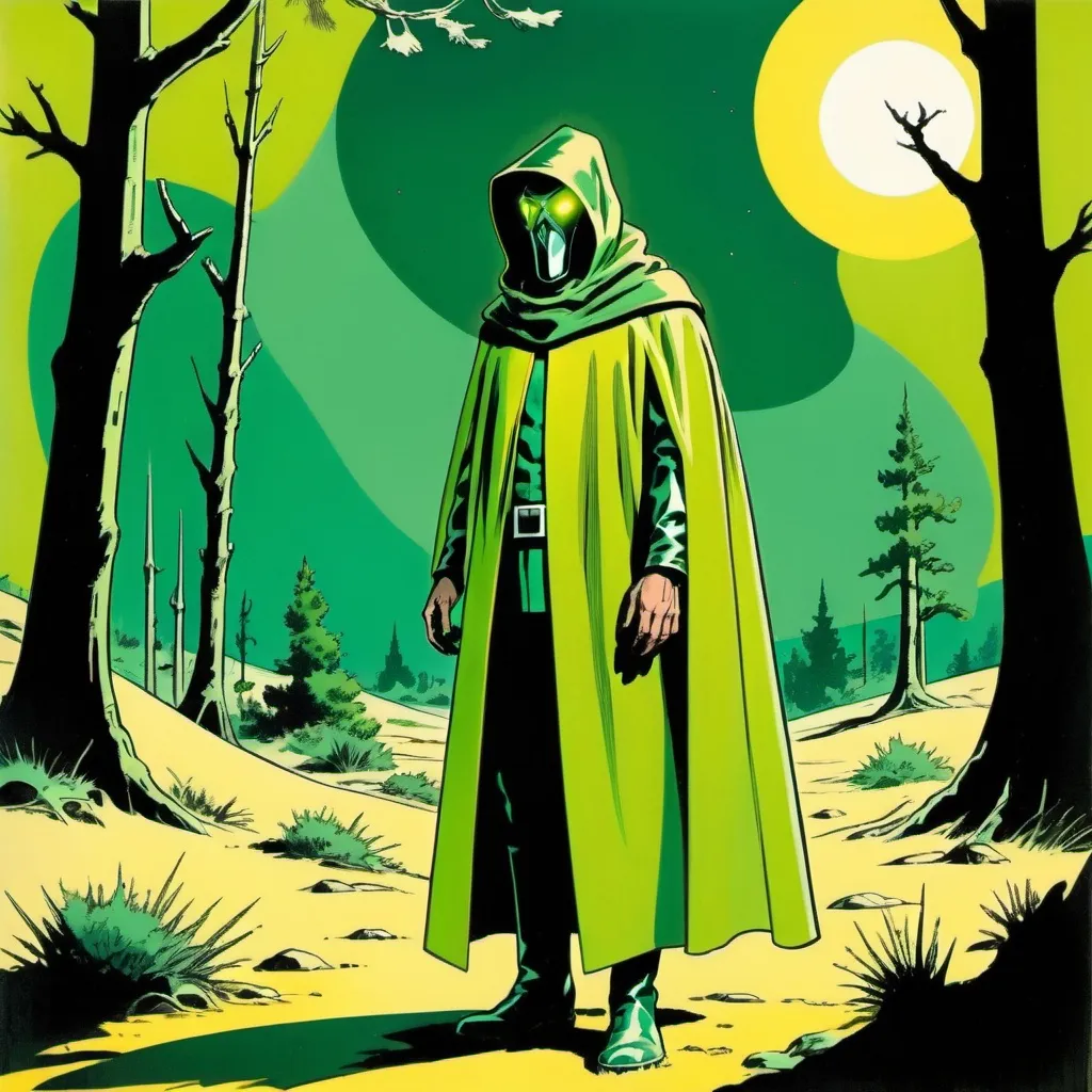 Prompt: Silk screen comic book illustration, a futuristic hermit dressed with a green yellowish cloke and cowl is standing in the wilderness bearing a light , 1960s retro futurism