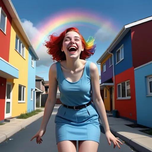 Prompt:  a young lady,displaying her own power.((laughing,trickster,theatrical,madness, jestering)),((pale blue, dark blue, red, rainbow colours)),(( Full figure wiew)). ((Three quarter wiew)),((deep wiew)),modern suburbs scenario background,photographic,ultra high resolution,hyperdetailed, masterpiece, 3d modelling, digital art.