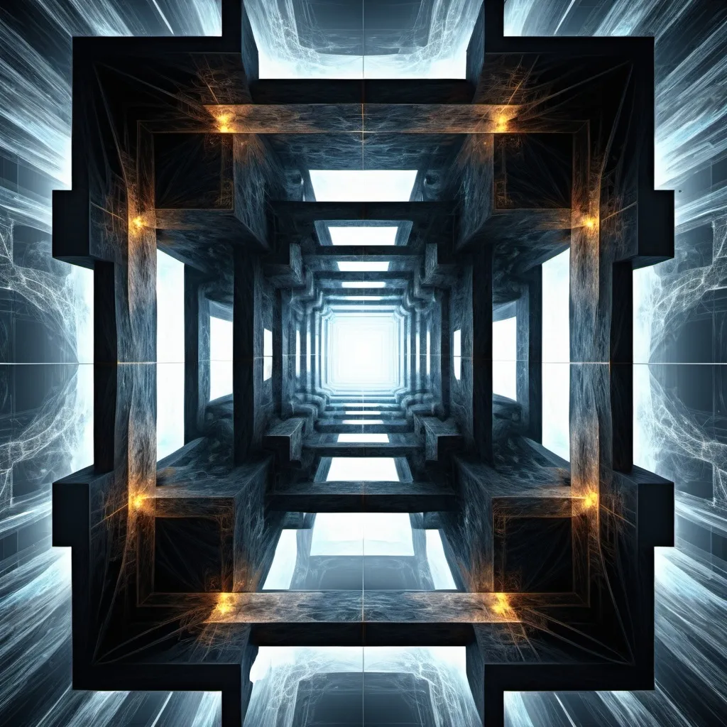 Prompt: 90^(3), they are entering the hypercube dimension((changing perspectives)), fractal,deep wiew,ultra high resolution,hyperdetailed, masterpiece, 3d modelling, abstract art, digital art.