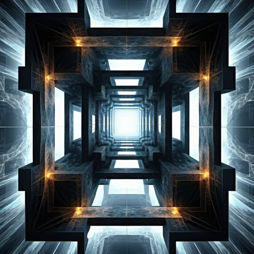 Prompt: 90^(3), they are entering the hypercube dimension((changing perspectives)), fractal,deep wiew,ultra high resolution,hyperdetailed, masterpiece, 3d modelling, abstract art, digital art.