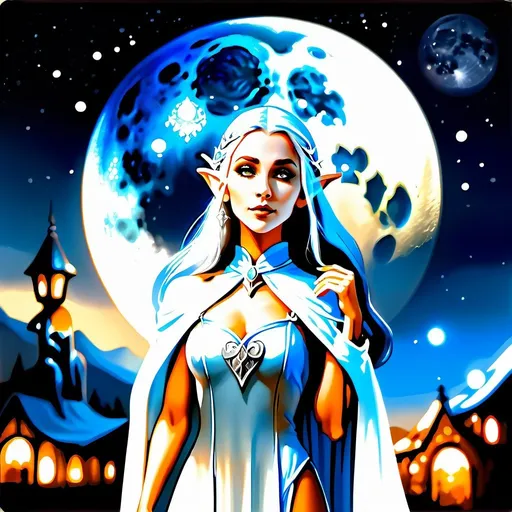Prompt: An elf priestess dressed in white, silver and sky blue who is standing under the full moon displaying a freezing spell, fantasy character art, illustration, dnd, warm tone