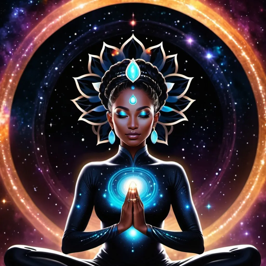 Prompt:  Black Hole goddess sitting in the lotus asana,  Space goddess,  mystical energy aura,portrait, masterpiece, 8k resolution, warp space background, Caza art, digital art
