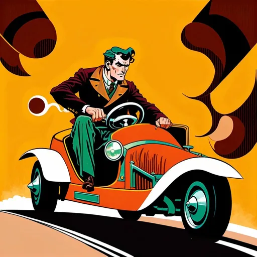 Prompt: A male human figure, who personifying the Lord of the Triumph of Light driving a car, in amber, maroon, rich bright russet and dark greenish brown, dramatic, graphic novel illustration,  2d shaded retro comic book 