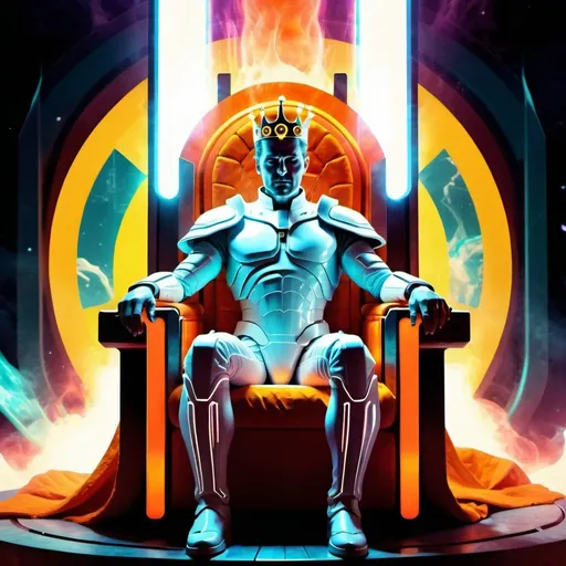 Prompt: A futuristic emperor sits on his throne surrounded by an hot energy aura,digital art, science-fiction, pulp style