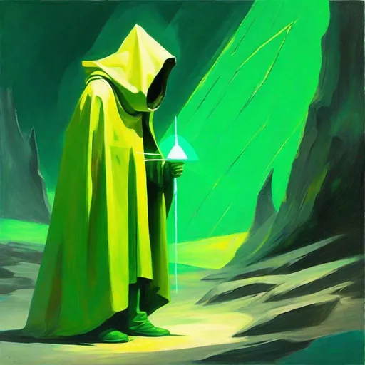 Prompt: √(2×4)+5^(2),a futuristic hermit dressed with a green yellowish cloke and cowl is standing in the wilderness bearing a light , expressionism, vibrant use light shadow