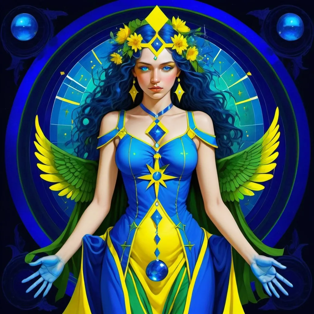 Prompt: The Temperance, dressed in blue, yellow, green and vivid blue, intelligence of probation, The Daughter of the Reconcilers, the Bringer-Forth of Life, Sagittarius, Caza art, digital art