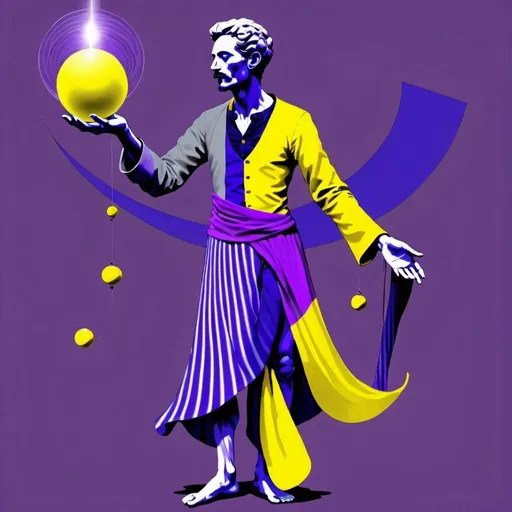 Prompt: the Juggler, dressed in purple, yellow, grey and indigo rayed violet, intelligence of transparency, the Magus of Power, Mercury, Caza art, digital art