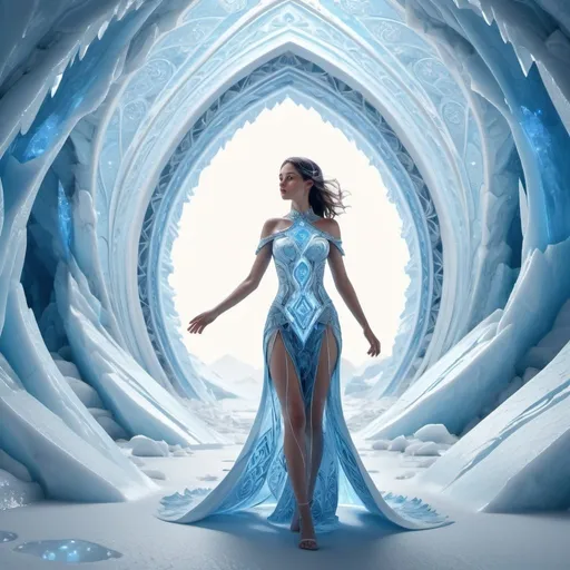 Prompt: A beautiful woman is walking in the middle of a glacier, she's offering her hand, she's looking like ice, pale blue, white and azure, shining bright, dressed with symmetrical designs and arabesques, adorned with blue lights, masterpiece, highly detailed, 3d modelling, 4k resolution, abstract art, digital art, photographic