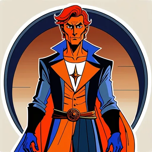 Prompt: A male human figure who personifying the Magus of the Eternal, in red orange, deep indigo, deep warm olive and rich brown, dramatic, graphic novel illustration,  2d shaded retro comic book