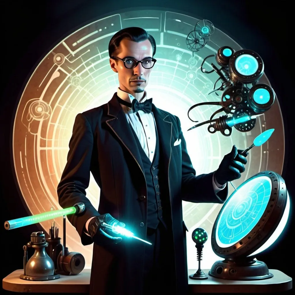 Prompt:  A technological magician who is displaying his art using his tools, digital art, science-fiction, pulp style