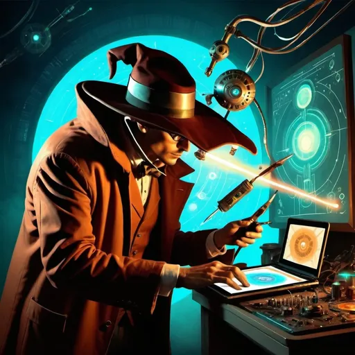 Prompt:  A technological magician who is displaying his art using his tools, digital art, science-fiction, pulp style