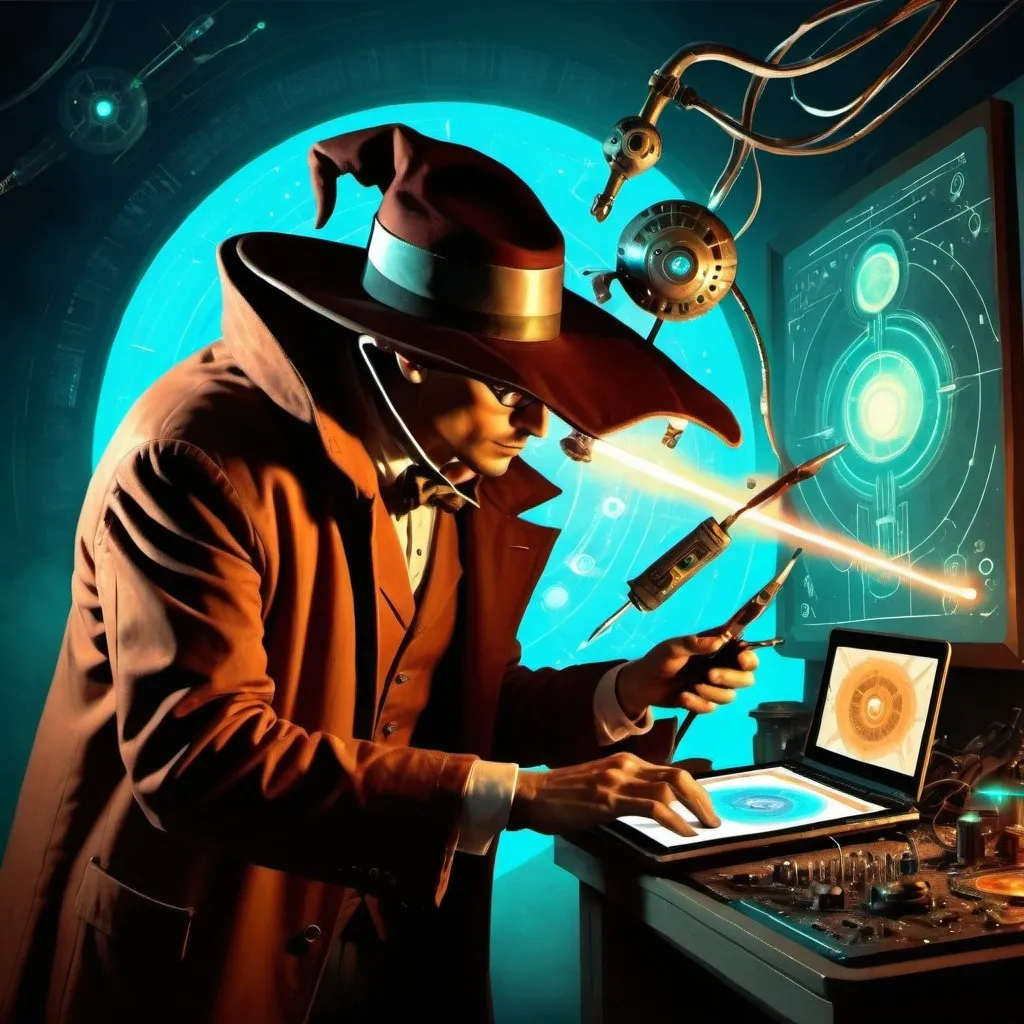 Prompt:  A technological magician who is displaying his art using his tools, digital art, science-fiction, pulp style