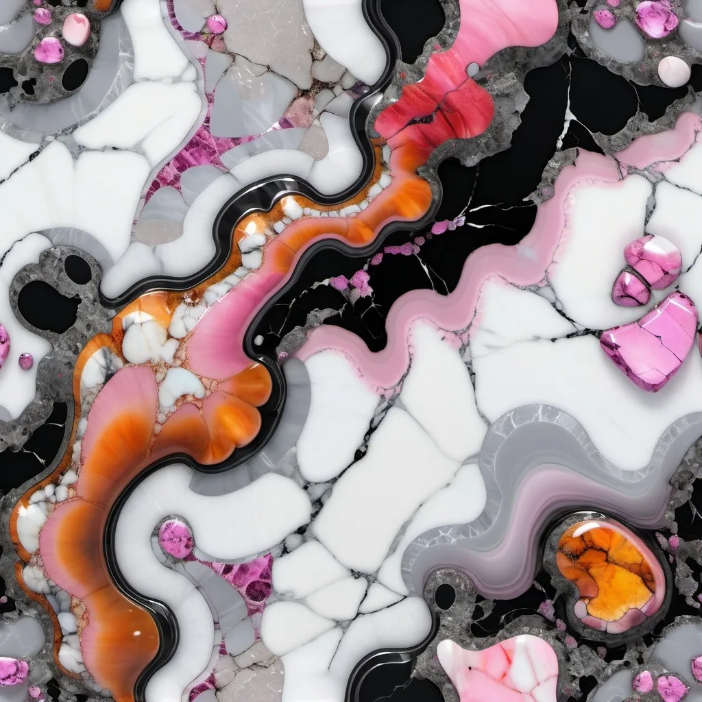 Prompt: 193^(3),a surface of stone,((polished stone)), realistic,(( white marble stone)),((black venatures)),((light grey sfumatures)), ((inserts of opal)),((inserts of topaz)), (( inserts of pink quartz)),((realistic colour)) deep wiew,fractal design.photographic,ultra high resolution,hyperdetailed, masterpiece, 3d modelling.