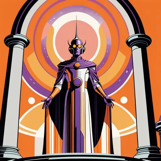Prompt: Silk screen comic book illustration, A futuristic Hierophant dressed in purple and orange is standing between the pillars of a technological dome, 1960s retro futurism