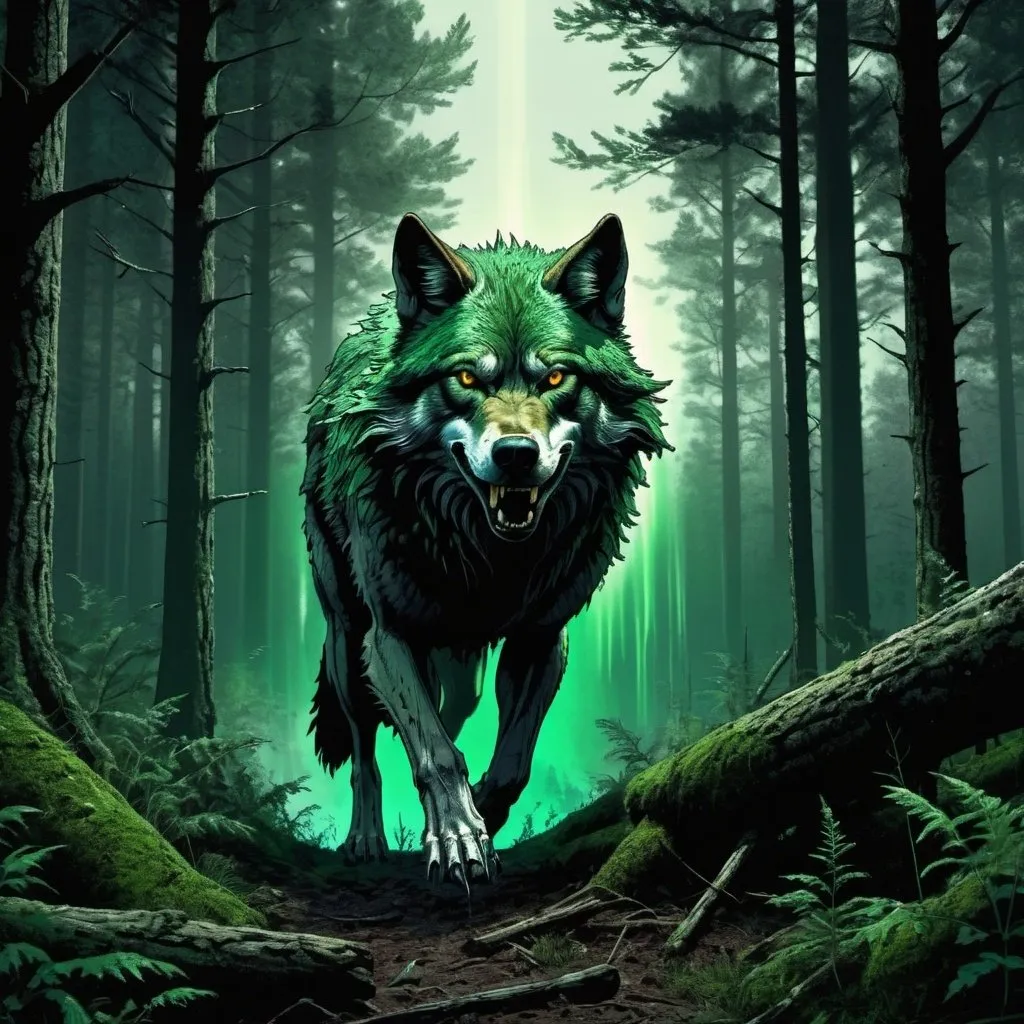 Prompt: A  big bad wolf is coming out from the forest, relentless,dark green energy aura,wild, supernatural,highly detailed, 4k resolution, masterpiece,forest scenario,digital art, Druillet art, 1980s 