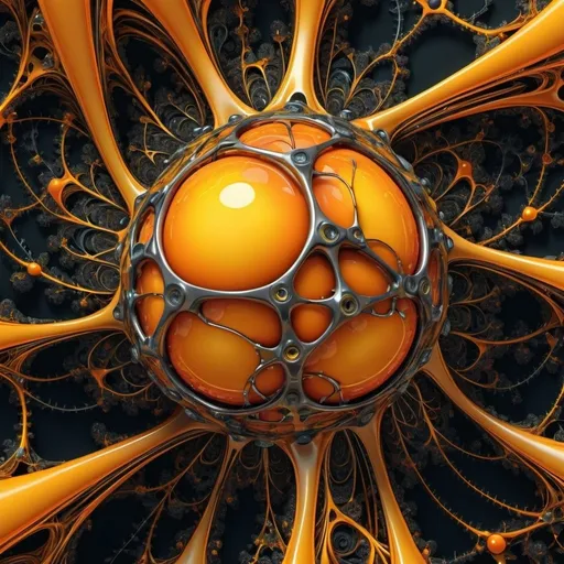 Prompt:  an intricate neural system made of chromed steel, titanium, vanadium and iron, dominant yellow and orange color tonality, growing on a fractal background, brilliant colours, masterpiece, highly detailed, 4k resolution,  3d modelling, digital art, abstract art, Caravaggio art