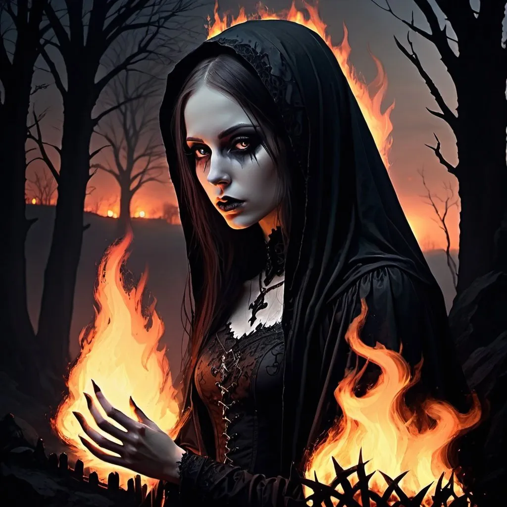 Prompt: Deggial, age of no light, nightfall,embers fire, gothic art,digital art