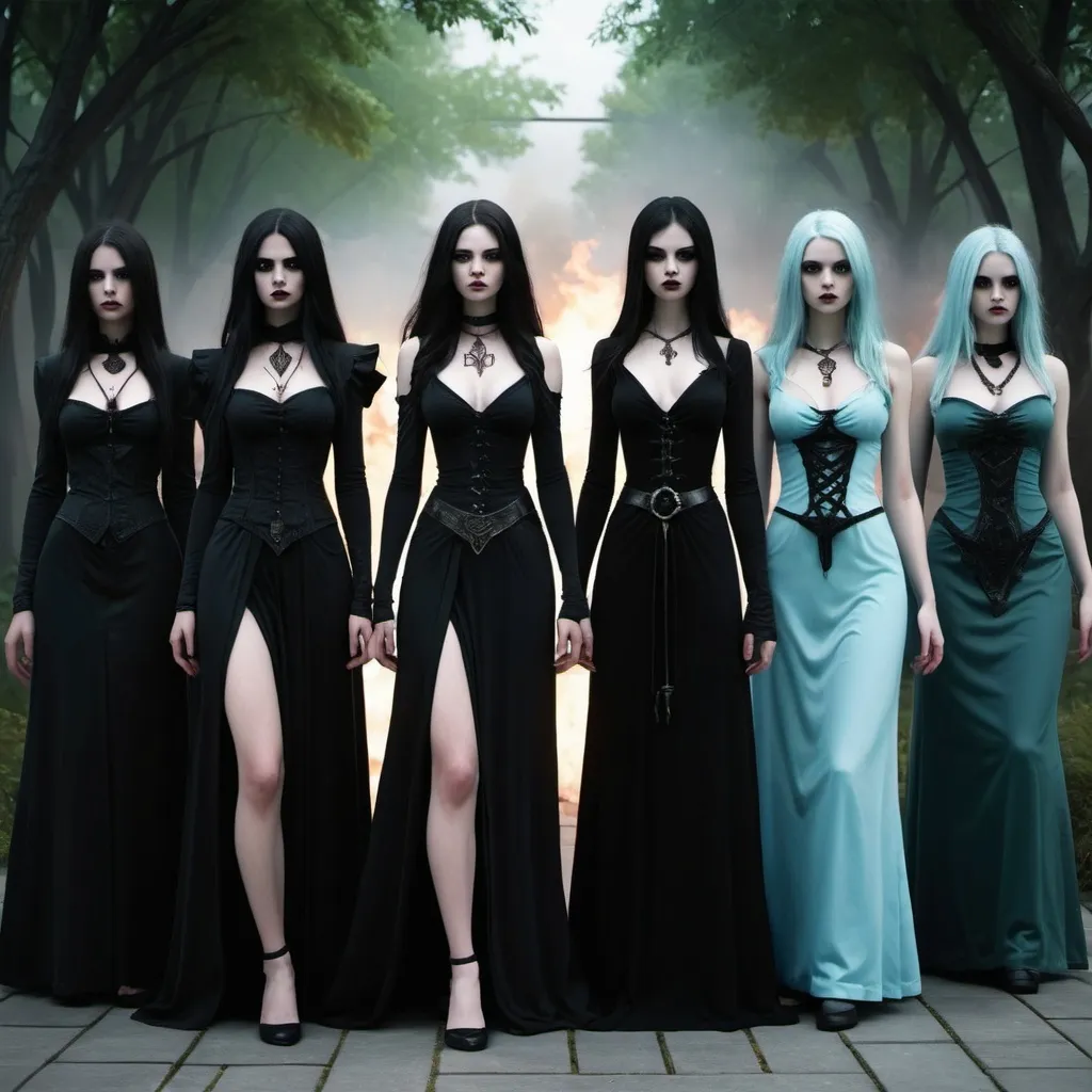 Prompt:  five young ladies,displaying their own power.((one is nightbringer, one is deceiver, one is void and oblivion, one is the burning one, one is the outcast)).((primordial,vampyric,soul eaters, ancient beings,consumers)),((phosporent green,black, pale blue)),(( Full figure wiew)). ((Three quarter wiew)),((deep wiew)),modern suburbs scenario background,photographic,ultra high resolution,hyperdetailed, masterpiece, 3d modelling, digital art.