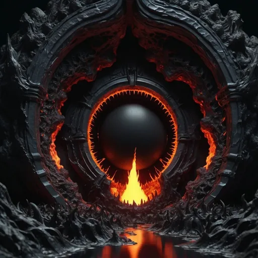 Prompt: A huge deep abyss made of black stone, incandescent magma, phosphorescent radioactive mineral, gates to hell, it ends in the bottom with a living organic obscurity, abysssanctum, procreation of the wicked, synthetic grotesque,highly detailed, 4k resolution, masterpiece, 3d modelling,digital art,gothic art