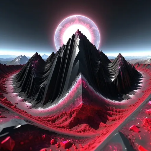 Prompt: π×(9+2+3)^(2)+1123369853, a mountain made of obsidian and ruby,three quarter wiew, fractal, divergent perspective focal point,((deep wiew)),((changing perspectives)), warped space background, rocky mountains scenario,photographic,ultra high resolution,hyperdetailed, masterpiece, 3d modelling, abstract art.