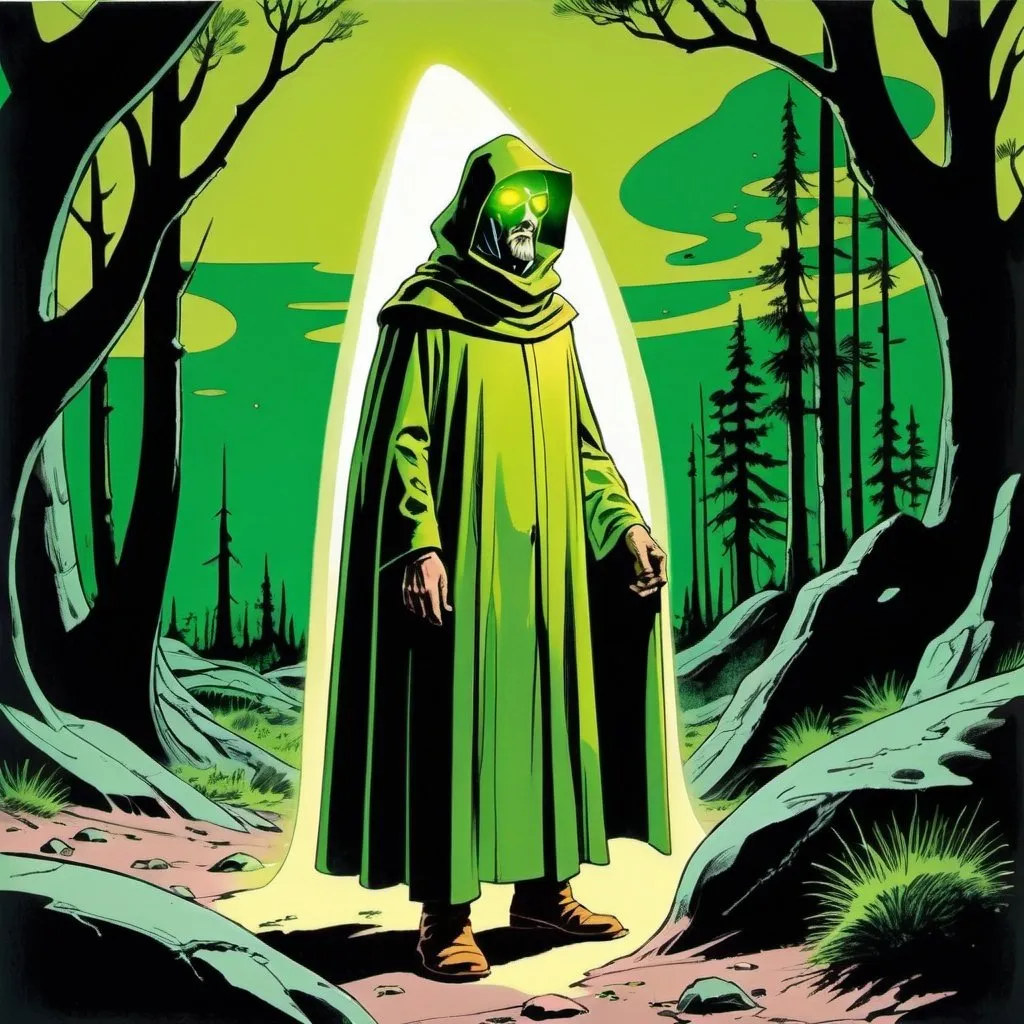 Prompt: Silk screen comic book illustration, a futuristic hermit dressed with a green yellowish cloke and cowl is standing in the wilderness bearing a light , 1960s retro futurism