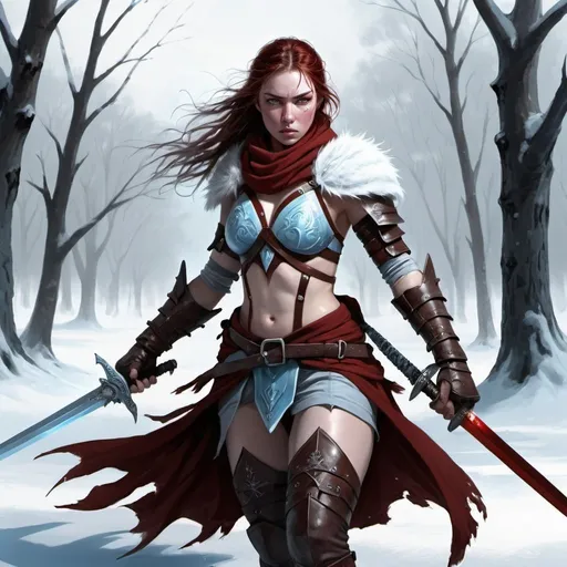 Prompt: A winter warrior is fighting armed with a sword, battles in the north,icy creature, warrior, command with power, white, dark red and pale blue ,female, sweet, three quarter wiew, digital art