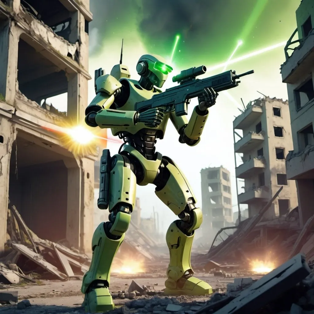 Prompt: A robotic soldier is moving trough a futuristic ruined town, relentless, green 
yellowish energy aura, he's armed with a laser rifle, he's shooting at the enemy, supernatural, deadly, highly detailed, 4k resolution, masterpiece, 3d modelling,  futuristic battlefield scenario,digital art, comic illustration art, 1980s 