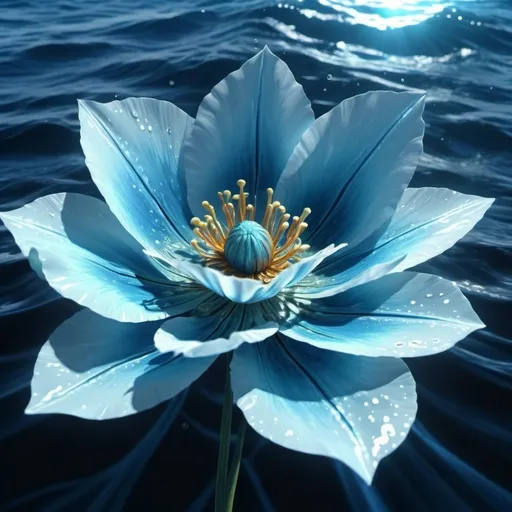 Prompt: A water flower is growing on a tapestry of restless ocean surface, relentless,blue energy aura,pure, supernatural,highly detailed, 4k resolution, masterpiece,ocean scenario,digital art, Druillet art, 1980s 