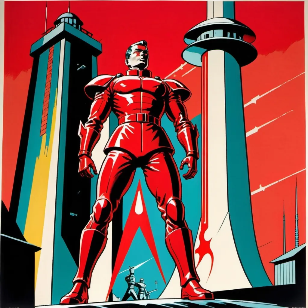 Prompt: Silk screen comic book illustration, A male human figure of a futuristic soldier is standing in front of a tower striked by a bolt of energy, dressed in scarlet and vermillion, detailed, 1960s retro futurism