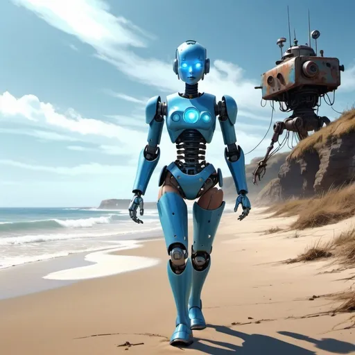 Prompt: A robotic girl is walking ahead on the beach, relentless,blue energy aura,ocean gateways, supernatural,highly detailed, 4k resolution, masterpiece,wasteland scenario,digital art, pulp illustration art, 1950s