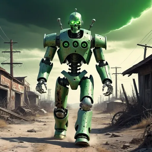 Prompt: A robotic undead warrior is walking ahead, relentless,green energy aura,the end complete, supernatural,highly detailed, 4k resolution, masterpiece,wasteland scenario,digital art, pulp illustration art, 1950s 

