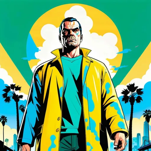 Prompt: GTA V cover art, A male human figure who personifying the Spirit of the Aethyr, in bright pale yellow, sky blue, blue emerald green and emerald flecked gold, cartoon illustration