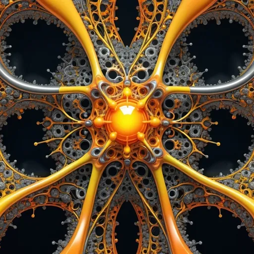 Prompt:  an intricate neural system made of chromed steel, titanium, vanadium and iron, dominant yellow and orange color tonality, growing on a fractal background, brilliant colours, masterpiece, highly detailed, 4k resolution,  3d modelling, digital art, abstract art