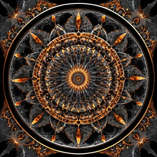 Prompt: π×(7+8+9)^(2)+6.666.666, an incandescent mandala made of metal and granite,frontal wiew, fractal,((deep wiew)),((changing perspectives)),photographic,ultra high resolution,hyperdetailed, masterpiece, 3d modelling, abstract art.