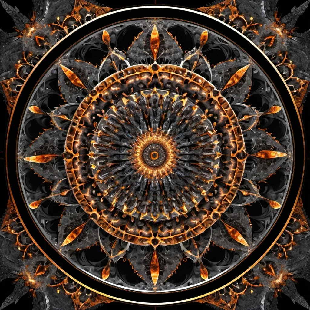 Prompt: π×(7+8+9)^(2)+6.666.666, an incandescent mandala made of metal and granite,frontal wiew, fractal,((deep wiew)),((changing perspectives)),photographic,ultra high resolution,hyperdetailed, masterpiece, 3d modelling, abstract art.