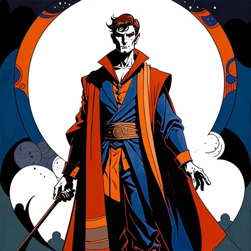 Prompt: A male human figure who personifying the Magus of the Eternal, in red orange, deep indigo, deep warm olive and rich brown, dramatic, graphic novel illustration,  2d shaded retro comic book