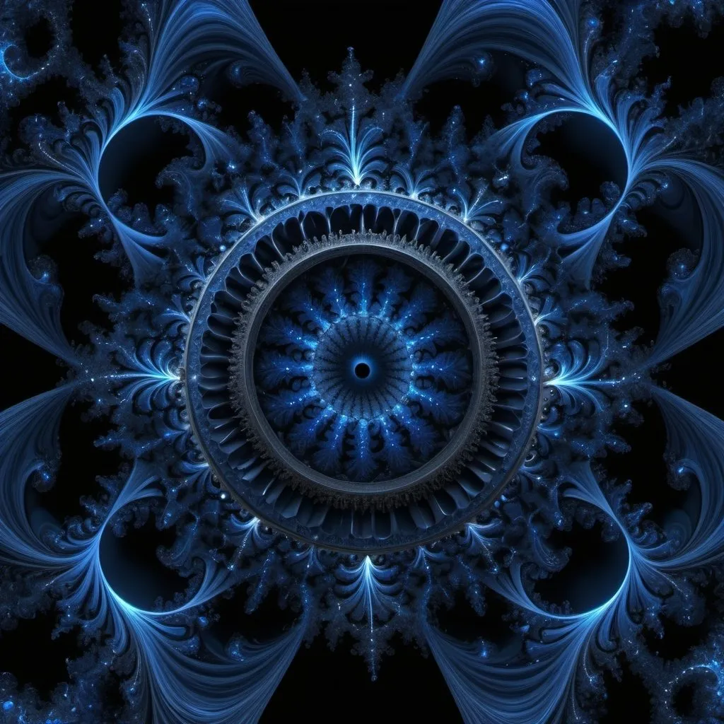 Prompt: π+400×22^(21),the Great One of the night of time, Universe,fractal, indigo, black, blue black and black rayed blue, administrative intelligence,4k resolution,hyperdetailed,masterpiece, 3d modelling, deep wiew,abstract art, digital art