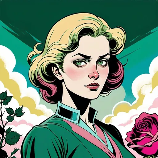 Prompt: A female human figure who personifying the Daughter of the Mighty ones, in emerald green, sky blue, early spring green and bright rose of cerise rayed pale yellow, dramatic, graphic novel illustration,  2d shaded retro comic book