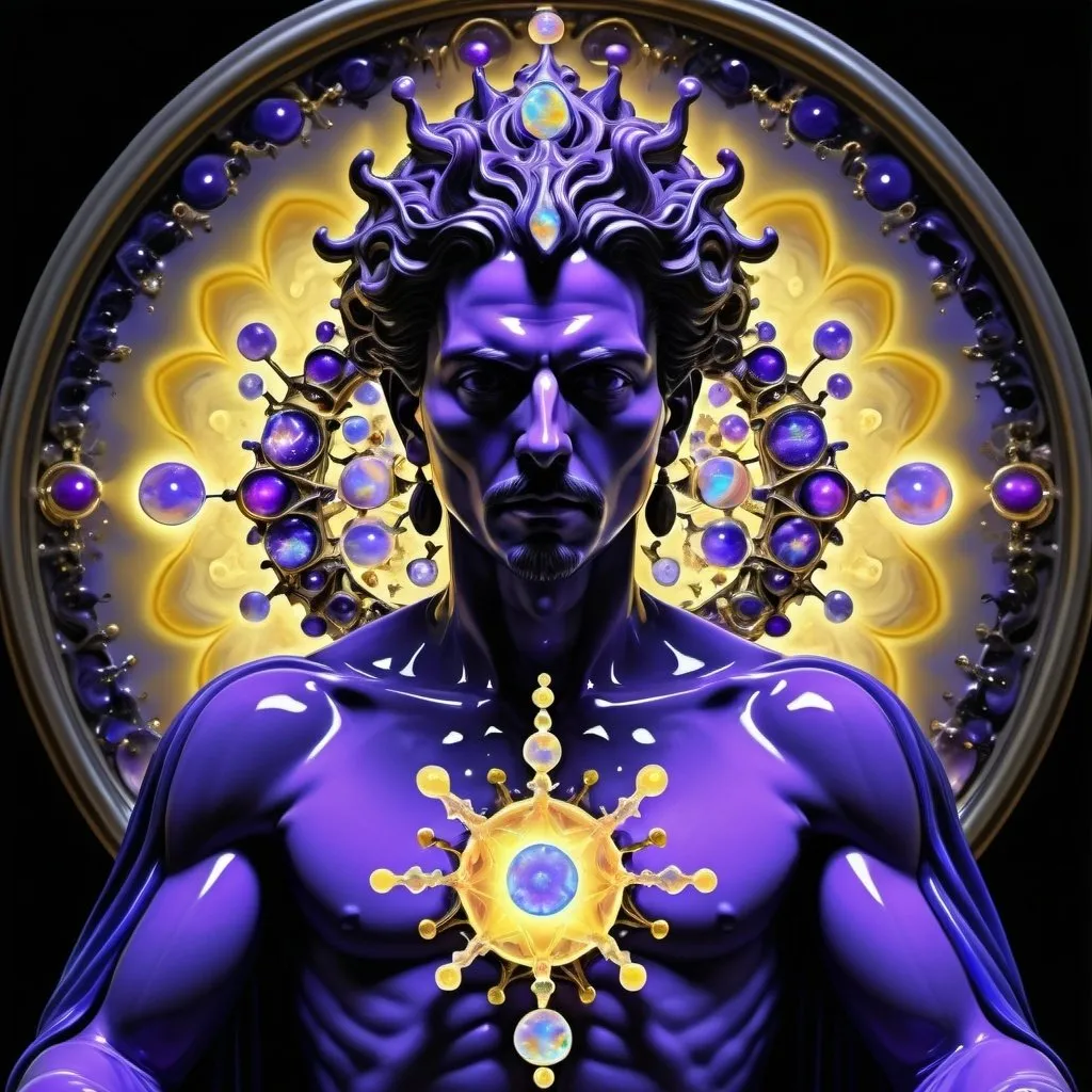 Prompt:  an intricate neural system made of agate and opal is shaping the figure of the Magus of Power, a mage is displaying his art with his tools, male, intelligence of transparency,dominant yellow, purple, gray and indigo rayed violet color tonality, fractal, brilliant colours, masterpiece, highly detailed, 4k resolution,  3d modelling, digital art, abstract art, Caravaggio art